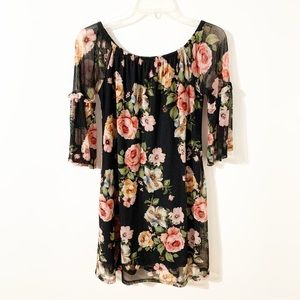 Potter’s Pot Floral Off The Shoulder Lined Dress Sheer Bell Sleeves with Ruffles